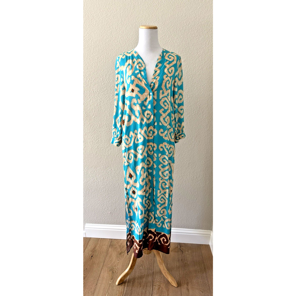 Zara Long-Midi Dress S Turquoise Blue Tan Batik Viscose V-Neck Slits Relax Boho
